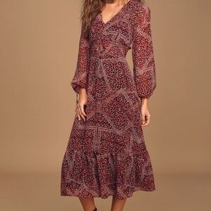 Lulus Wild Adventurer Red Floral Multi-print Long Sleeve Midi Dress - Size M